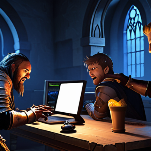 **A group of friends, illuminated by computer screens, are huddled together in a dimly lit room, late at night. They are intensely focused on battling a "Death Knight" boss in the game "Lineage," celebrating wildly as a rare item drops.** (Focus: camaraderie, late-night gaming, rare item drop, celebration)