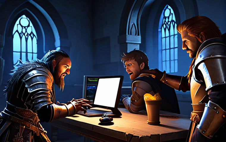 **A group of friends, illuminated by computer screens, are huddled together in a dimly lit room, late at night. They are intensely focused on battling a "Death Knight" boss in the game "Lineage," celebrating wildly as a rare item drops.** (Focus: camaraderie, late-night gaming, rare item drop, celebration)