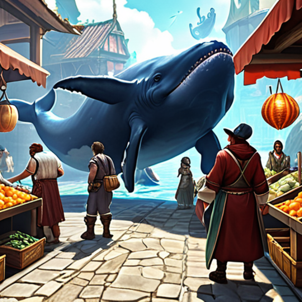 **Prompt 1: The Flourishing Server Economy**
    "A vibrant, bustling fantasy MMORPG city, representing a high-activity server economy. Market stalls are overflowing with virtual goods and diverse player characters engaged in lively trade. Show the energetic flow of digital currency and items, with some players showcasing rare, valuable equipment ("whales") while others diligently gather basic resources ("grinders"). Emphasize the dynamic balance of supply and demand, reflecting a healthy, thriving virtual market. Digital painting, highly detailed, bright and active atmosphere."