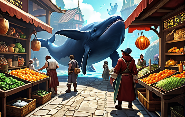 **Prompt 1: The Flourishing Server Economy**
    "A vibrant, bustling fantasy MMORPG city, representing a high-activity server economy. Market stalls are overflowing with virtual goods and diverse player characters engaged in lively trade. Show the energetic flow of digital currency and items, with some players showcasing rare, valuable equipment ("whales") while others diligently gather basic resources ("grinders"). Emphasize the dynamic balance of supply and demand, reflecting a healthy, thriving virtual market. Digital painting, highly detailed, bright and active atmosphere."