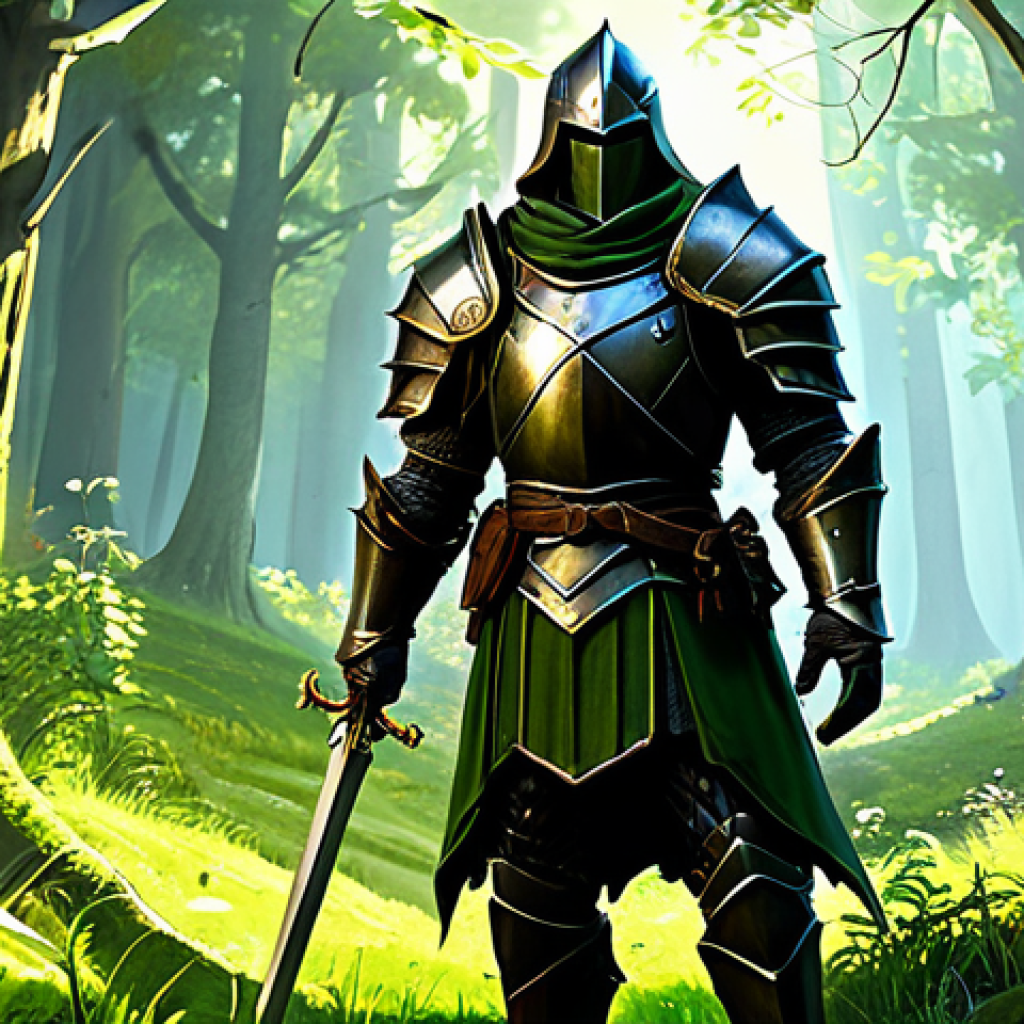 A determined lone fantasy knight, wearing sturdy, modest leather armor and practical adventurer attire, standing in a lush, sun-dappled fantasy forest clearing. A classic-style low-level green-skinned monster is in the mid-ground. The scene evokes nostalgic MMORPG grinding, showing humble beginnings and the feeling of slow progression. Professional digital painting, high detail, volumetric lighting, epic fantasy art, safe for work, appropriate content, fully clothed, family-friendly, perfect anatomy, correct proportions, natural pose, well-formed hands, proper finger count, natural body proportions.