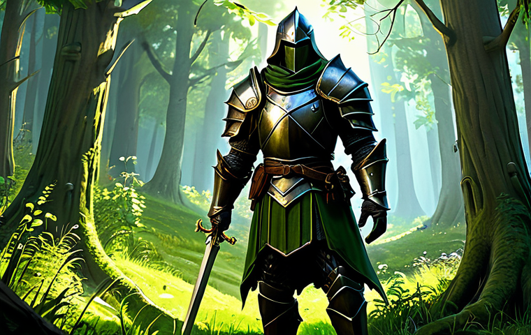 A determined lone fantasy knight, wearing sturdy, modest leather armor and practical adventurer attire, standing in a lush, sun-dappled fantasy forest clearing. A classic-style low-level green-skinned monster is in the mid-ground. The scene evokes nostalgic MMORPG grinding, showing humble beginnings and the feeling of slow progression. Professional digital painting, high detail, volumetric lighting, epic fantasy art, safe for work, appropriate content, fully clothed, family-friendly, perfect anatomy, correct proportions, natural pose, well-formed hands, proper finger count, natural body proportions.