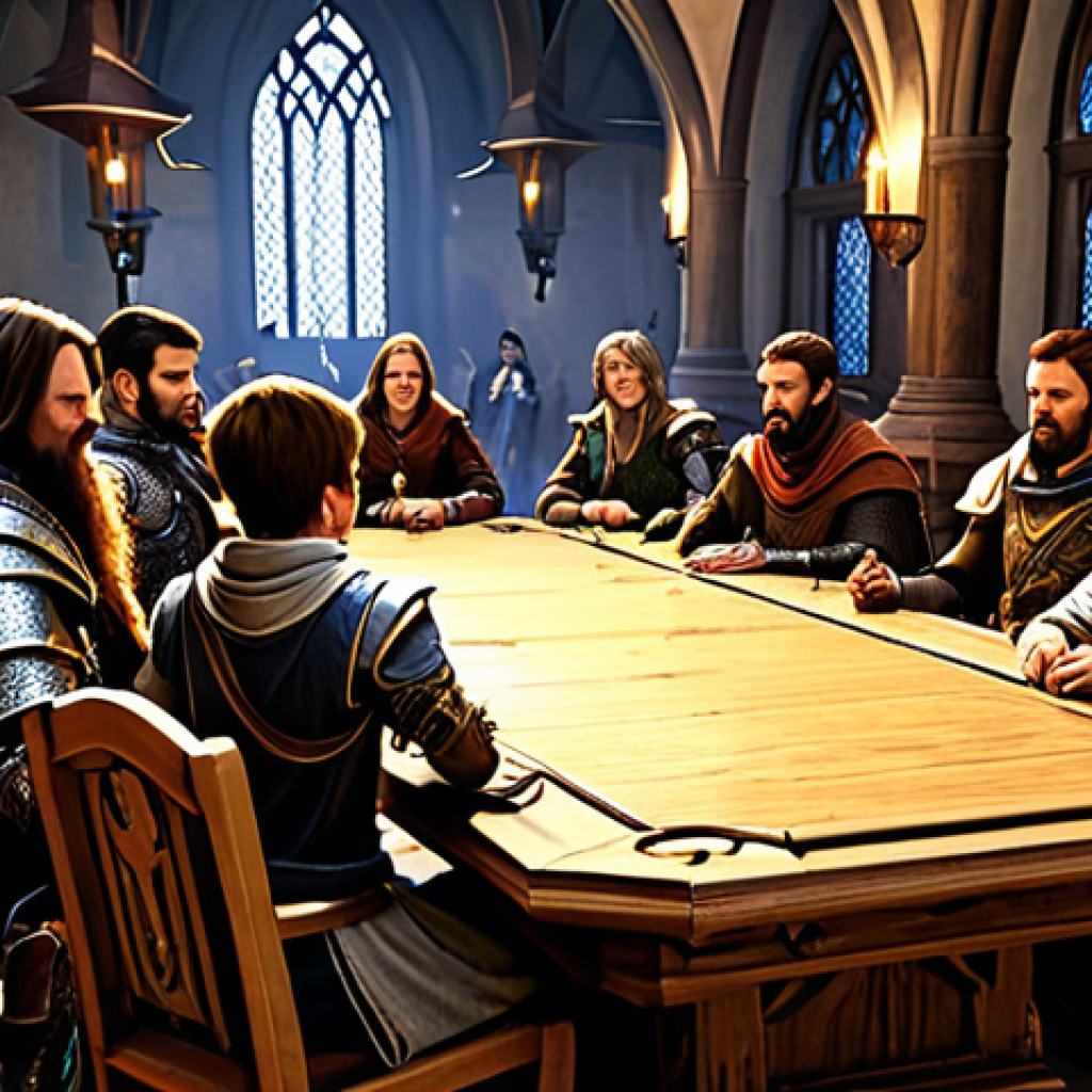 Guild Hall Meeting**

"A bustling guild hall scene in a fantasy MMORPG, several fully clothed characters (warriors, mages, archers) in modest, ornate armor and robes are gathered around a large wooden table, discussing strategy. Safe for work, appropriate content, professional digital art, perfect anatomy, natural proportions, warm lighting, family-friendly atmosphere."

**