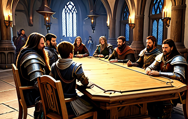 Guild Hall Meeting**

"A bustling guild hall scene in a fantasy MMORPG, several fully clothed characters (warriors, mages, archers) in modest, ornate armor and robes are gathered around a large wooden table, discussing strategy. Safe for work, appropriate content, professional digital art, perfect anatomy, natural proportions, warm lighting, family-friendly atmosphere."

**