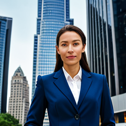 **

"A professional businesswoman in a modest, dark blue business suit, standing confidently in front of a skyscraper in a bustling city center, fully clothed, appropriate attire, safe for work, perfect anatomy, correct proportions, professional photograph, high quality, realistic lighting."

**