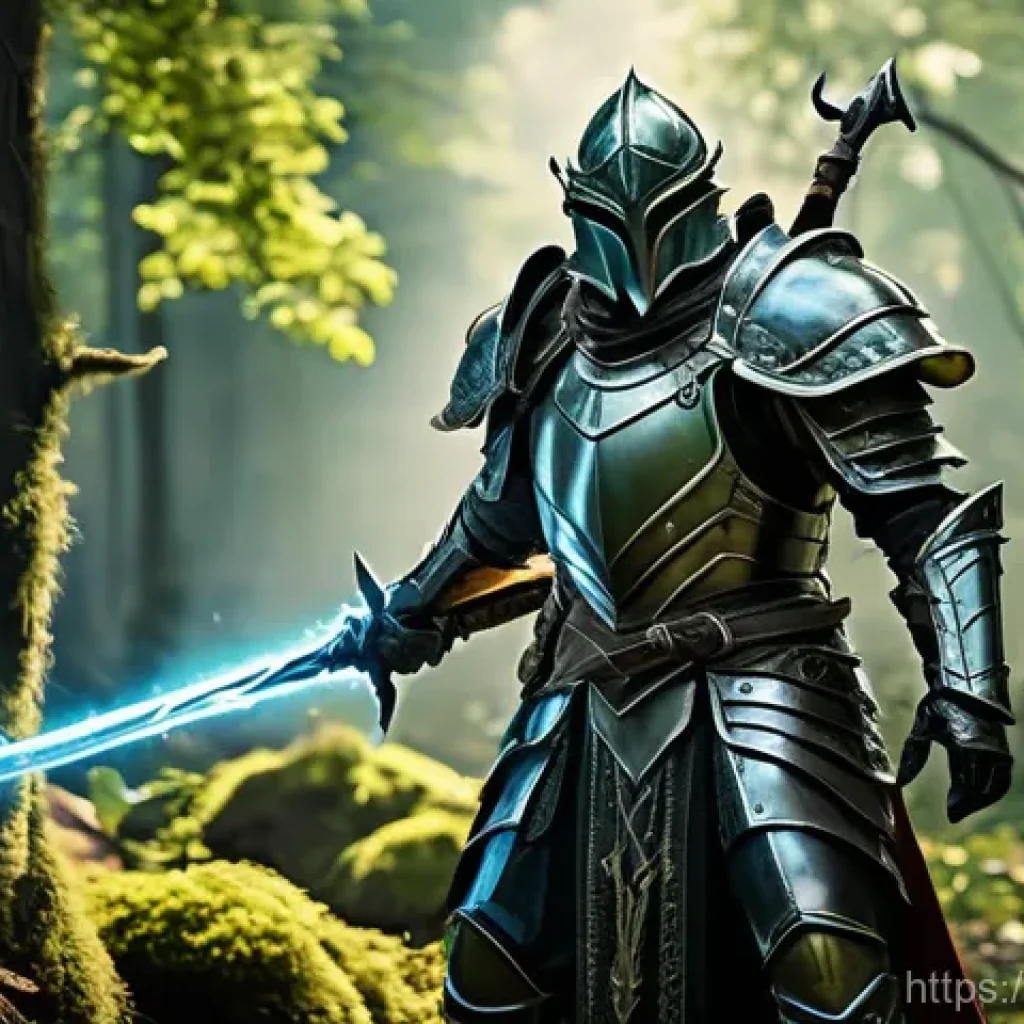 리니지 고수의 노하우 공유 - A focused male fantasy warrior, dressed in robust, full plate armor, is standing amidst a vibrant, o...