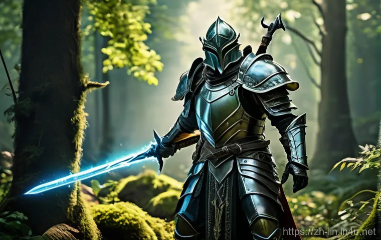 리니지 고수의 노하우 공유 - A focused male fantasy warrior, dressed in robust, full plate armor, is standing amidst a vibrant, o...