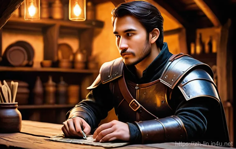 리니지 신규 직업 레벨링 팁 - **Prompt: "A focused young male adventurer, clad in basic leather armor and holding a simple sword, ...