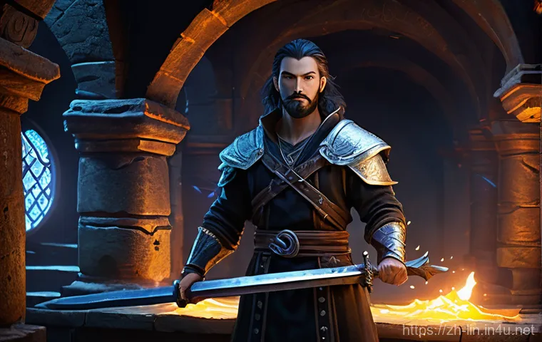 리니지 희귀 장비 설명 - **Prompt: The Golem's Golden Gift**
    A diverse party of four fantasy adventurers (two males, two ...