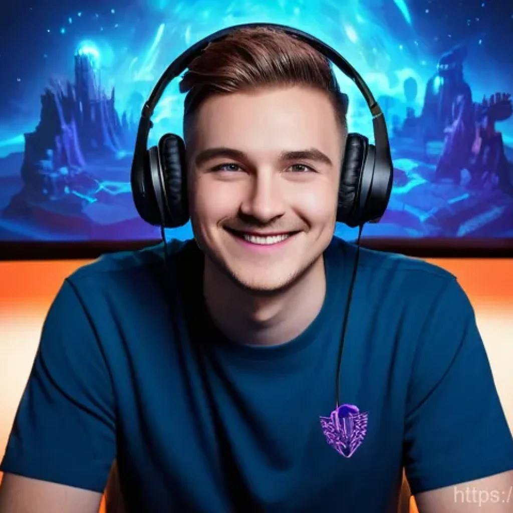 리니지 실시간 스트리밍 활용 - **Prompt:** A dynamic, high-angle shot of a male streamer in his late 20s, with a warm and engaging ...