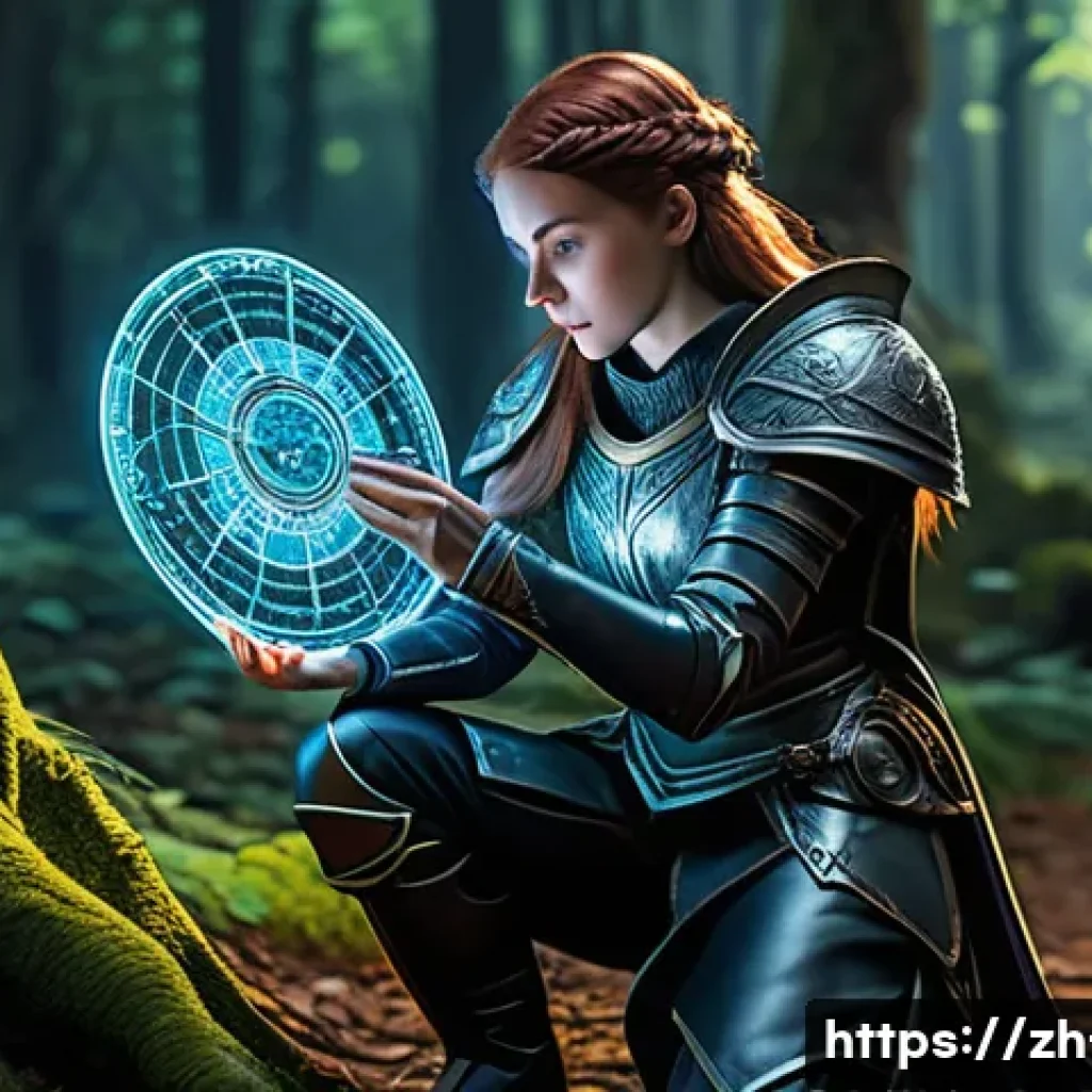 리니지 퀘스트 진행 팁 - A focused female adventurer, clad in practical leather armor with intricate details, kneels over a m...