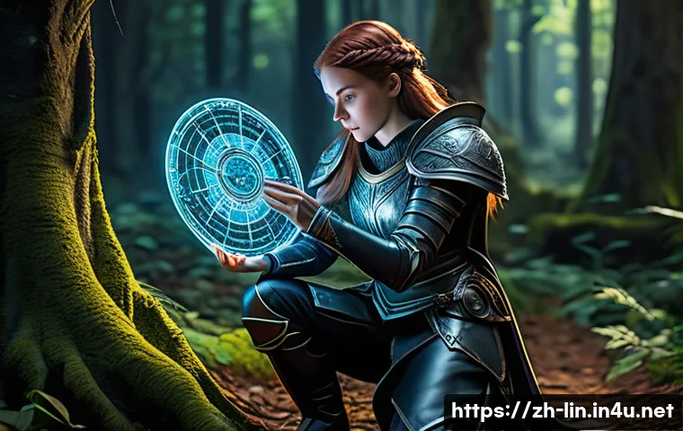 리니지 퀘스트 진행 팁 - A focused female adventurer, clad in practical leather armor with intricate details, kneels over a m...