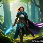 리니지 신규 업데이트 기능 - A dynamic, agile female warrior of a newly introduced class, mid-combat in a lush fantasy forest. Sh...