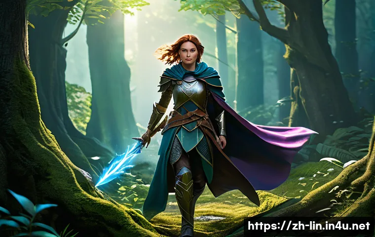 리니지 신규 업데이트 기능 - A dynamic, agile female warrior of a newly introduced class, mid-combat in a lush fantasy forest. Sh...