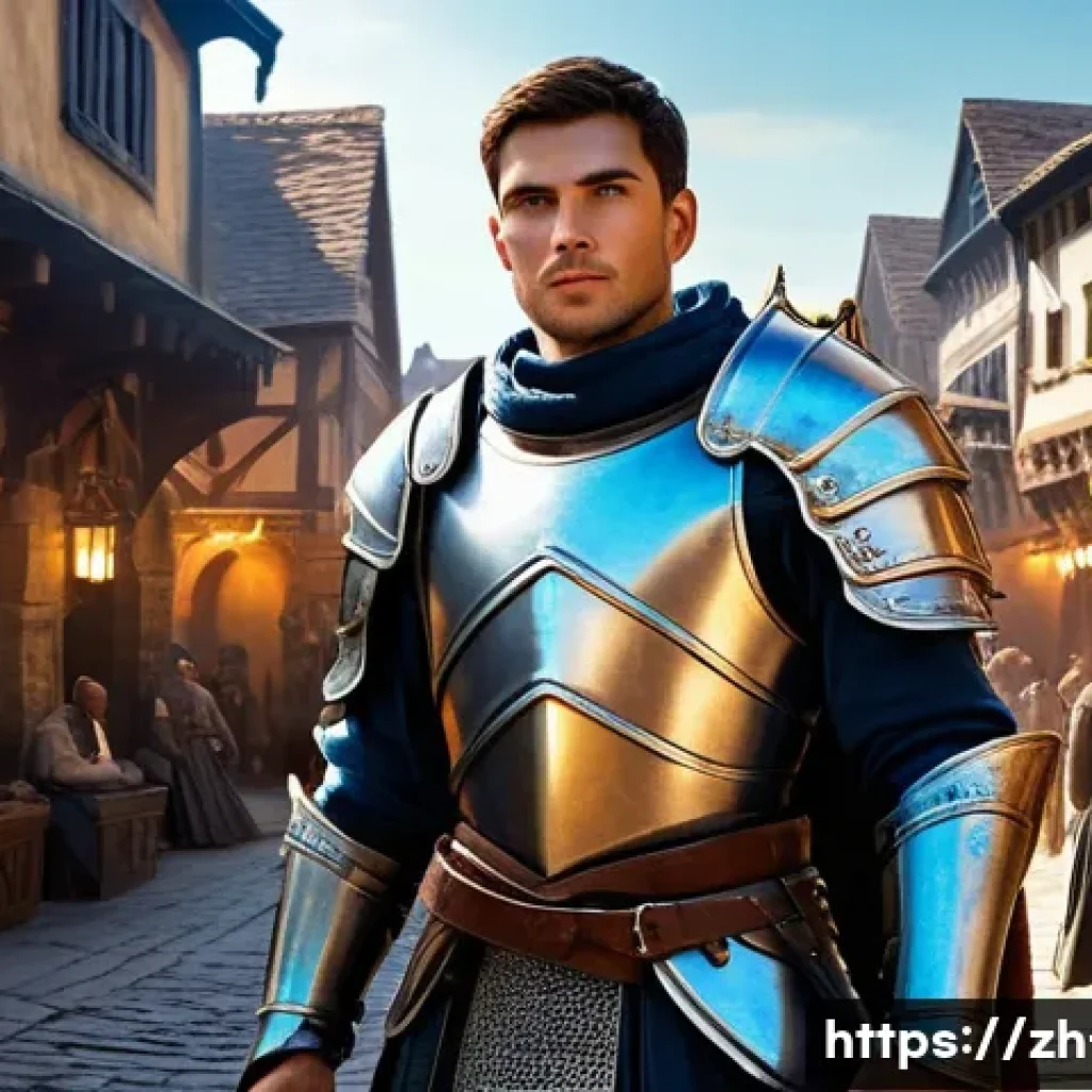 리니지 희귀템 장단점 - **Prompt:** "An epic fantasy scene of a male warrior, standing triumphantly in a bustling medieval t...