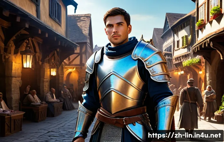 리니지 희귀템 장단점 - **Prompt:** "An epic fantasy scene of a male warrior, standing triumphantly in a bustling medieval t...