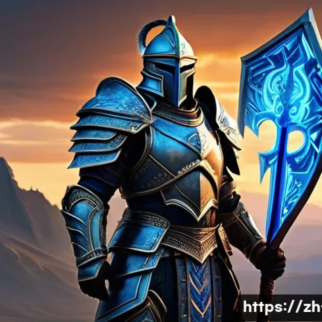 리니지 고급 장비 투자 방법 - A detailed fantasy warrior character standing confidently on a battlefield, wearing intricately desi...