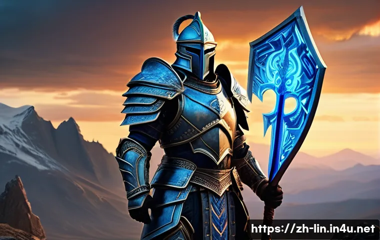 리니지 고급 장비 투자 방법 - A detailed fantasy warrior character standing confidently on a battlefield, wearing intricately desi...