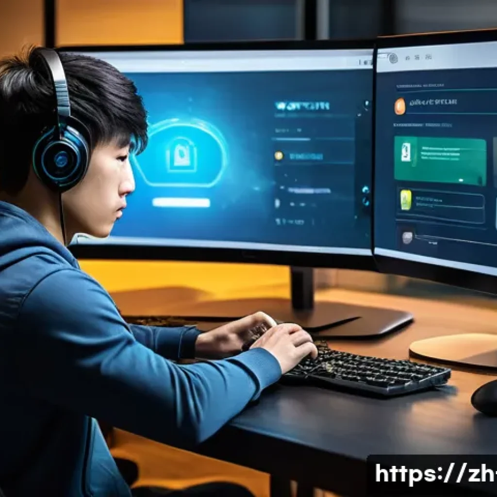리니지 모바일 앱 연동법 - A modern gaming setup scene showing a young Asian man carefully registering an official NCSOFT accou...