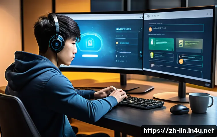 리니지 모바일 앱 연동법 - A modern gaming setup scene showing a young Asian man carefully registering an official NCSOFT accou...