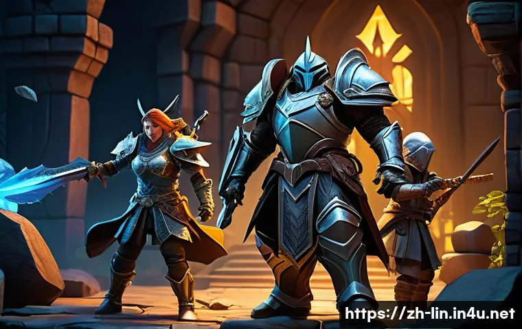 리니지 신규 콘텐츠 분석 - A dynamic fantasy game scene showcasing a diverse group of four players in detailed armor, collabora...