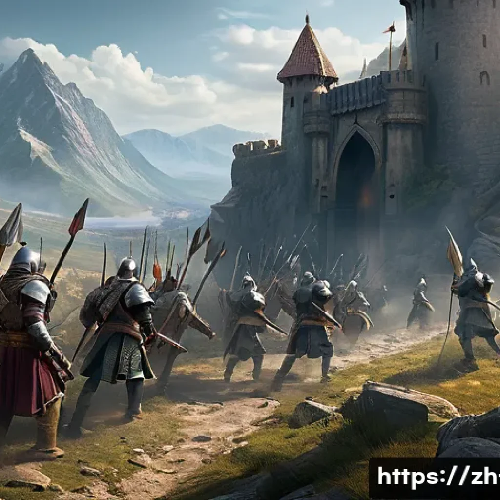 리니지 공성전 성공 팁 - A dynamic fantasy siege battle scene featuring a well-organized team of armored warriors with clear ...