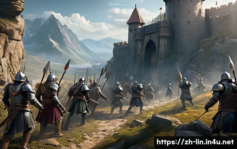 리니지 공성전 성공 팁 - A dynamic fantasy siege battle scene featuring a well-organized team of armored warriors with clear ...