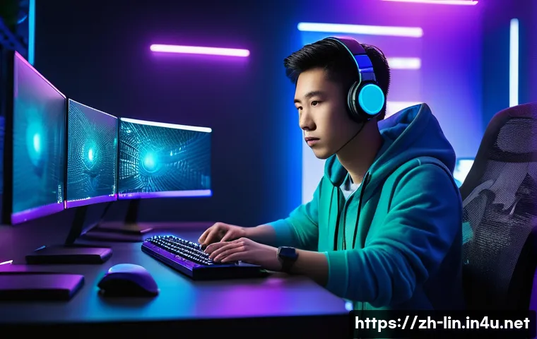 리니지 계정 보안 강화법 - A modern, high-tech gaming setup focused on cybersecurity, featuring a sleek computer desk with mult...