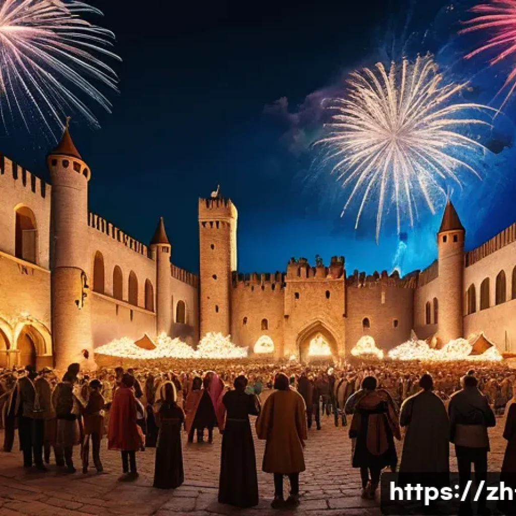 리니지 이벤트 보상 설명 - A vibrant fantasy festival scene inside a massive ancient castle courtyard, filled with colorful ban...
