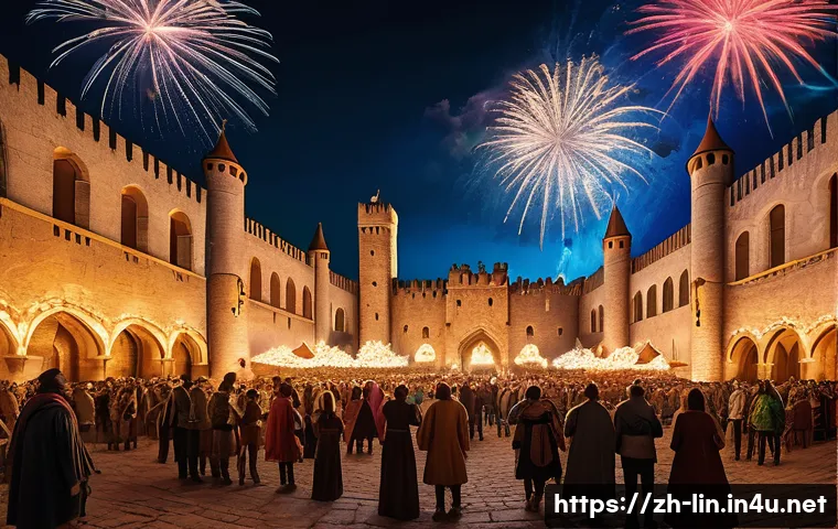 리니지 이벤트 보상 설명 - A vibrant fantasy festival scene inside a massive ancient castle courtyard, filled with colorful ban...