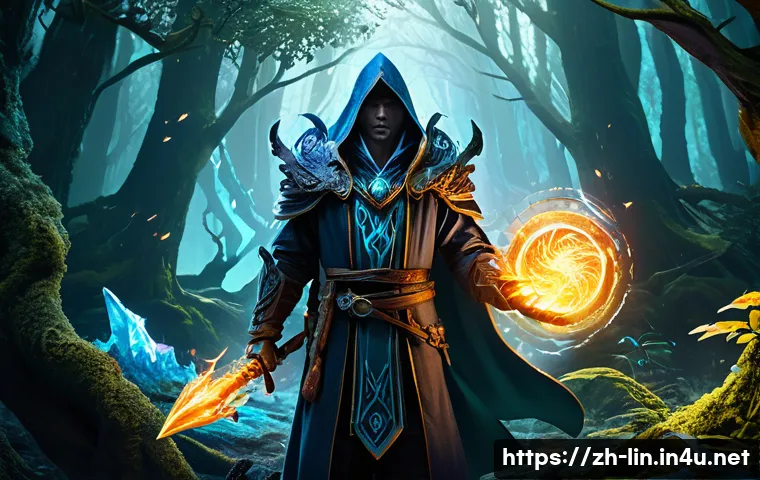 리니지 유명 플레이어 인터뷰 - A dynamic fantasy RPG scene depicting a mage character in detailed, ornate robes casting powerful fi...