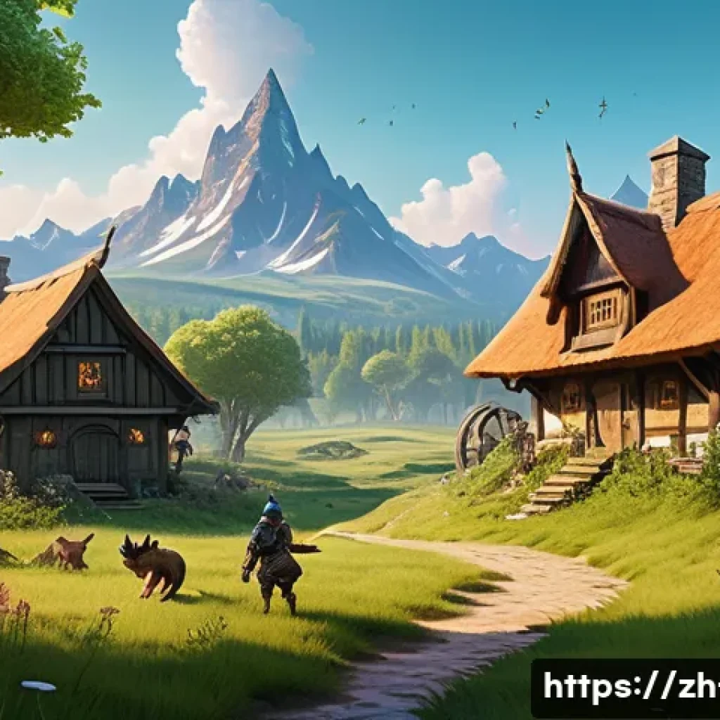 리니지 초보자 사냥터 정리 - A vibrant fantasy village outskirts scene at dawn, featuring a young adventurer in light leather arm...