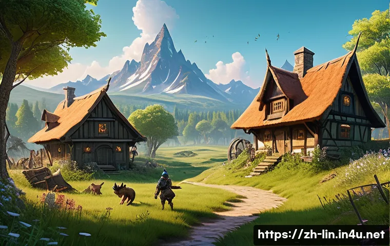 리니지 초보자 사냥터 정리 - A vibrant fantasy village outskirts scene at dawn, featuring a young adventurer in light leather arm...