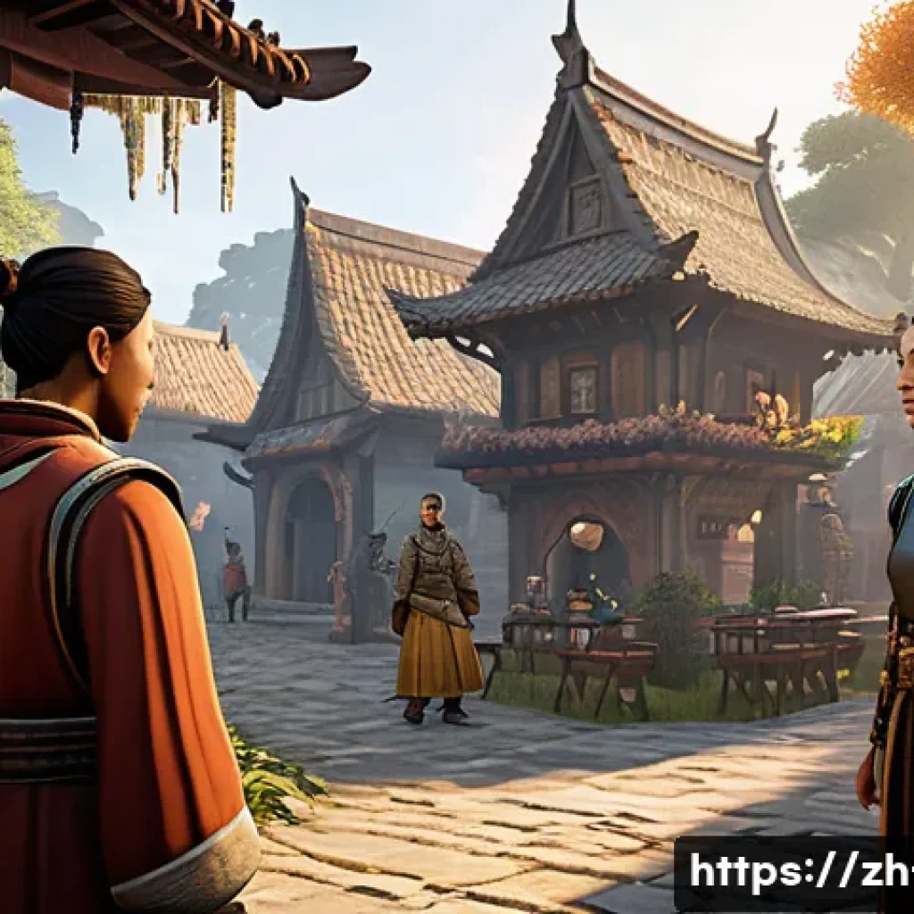 리니지 NPC 대화 시스템 - A vibrant fantasy game scene featuring a diverse group of NPC characters engaging in rich dialogue o...