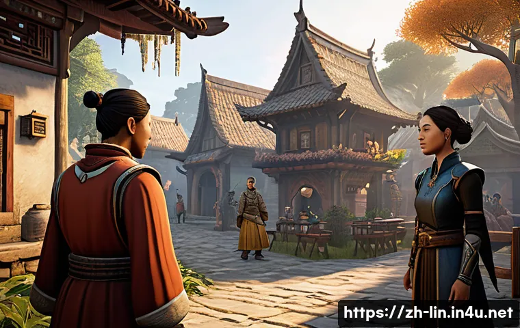 리니지 NPC 대화 시스템 - A vibrant fantasy game scene featuring a diverse group of NPC characters engaging in rich dialogue o...