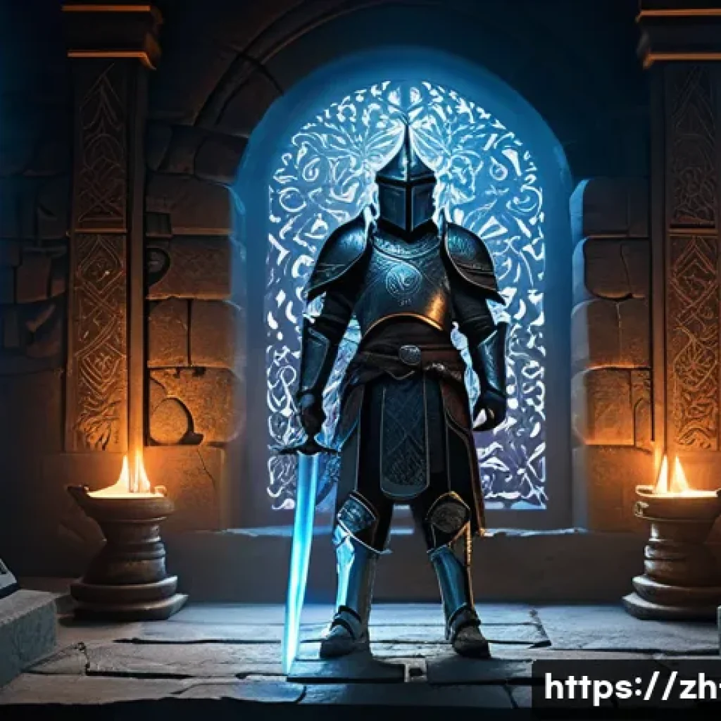 리니지 각인 장비 시스템 - A detailed fantasy warrior character standing in a mystical forge room, holding a glowing sword with...