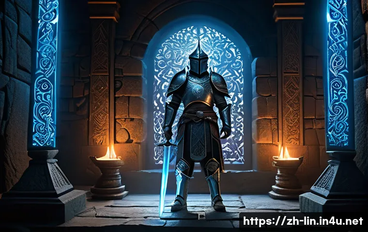 리니지 각인 장비 시스템 - A detailed fantasy warrior character standing in a mystical forge room, holding a glowing sword with...