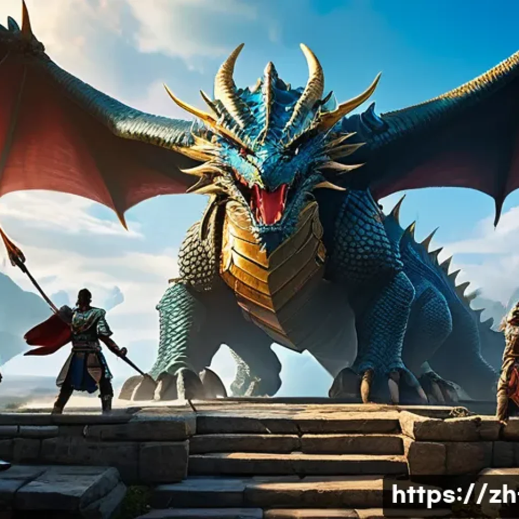 리니지 보스 타이밍 공유 - A dynamic fantasy battle scene featuring a diverse team of players preparing to fight a colossal Dra...