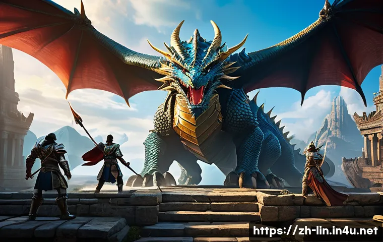 리니지 보스 타이밍 공유 - A dynamic fantasy battle scene featuring a diverse team of players preparing to fight a colossal Dra...