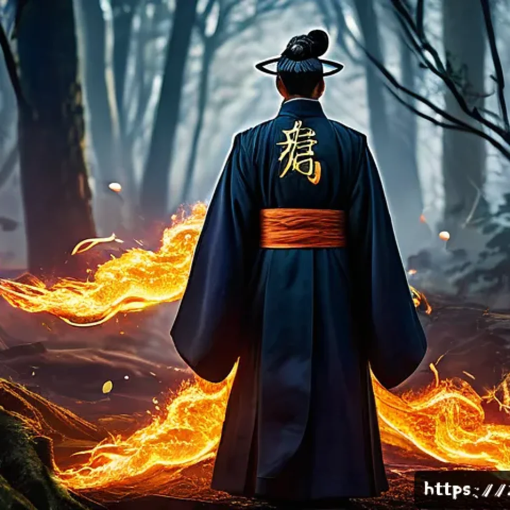 리니지 각성 스킬 정보 - A powerful mage unleashing the "Flame Burst" awakening skill in a dark enchanted forest, casting a w...