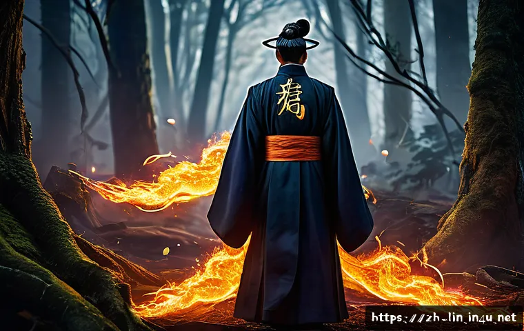 리니지 각성 스킬 정보 - A powerful mage unleashing the "Flame Burst" awakening skill in a dark enchanted forest, casting a w...