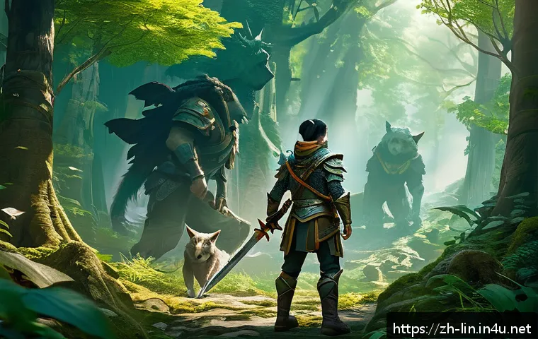 리니지 경험치 농장 위치 - A vibrant fantasy forest scene near a main city, featuring a young adventurer in light armor and wea...