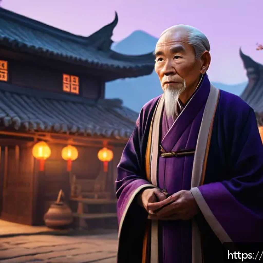 리니지 NPC 기능 활용법 - A detailed fantasy village elder NPC scene set during twilight, featuring an elderly man with tradit...
