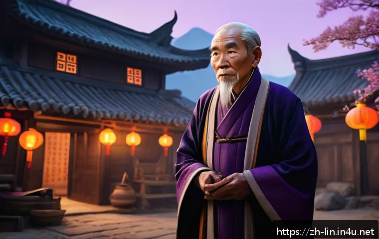 리니지 NPC 기능 활용법 - A detailed fantasy village elder NPC scene set during twilight, featuring an elderly man with tradit...
