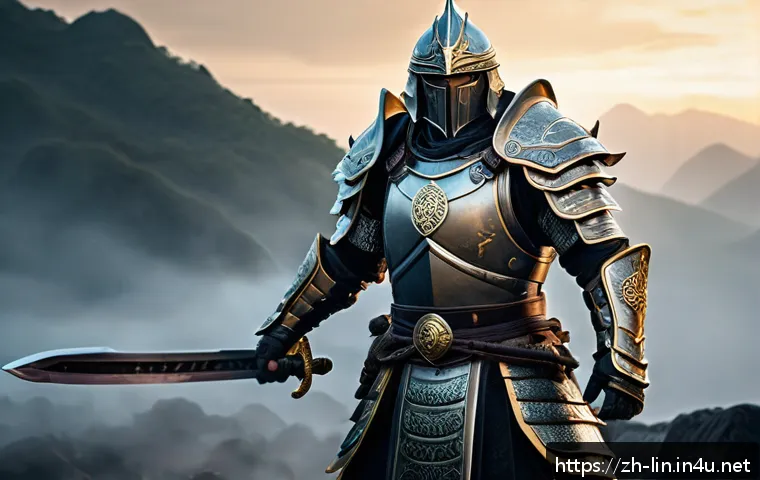 리니지 고급 장비 세팅 - A detailed fantasy warrior character wearing a full set of intricately designed armor emphasizing ph...