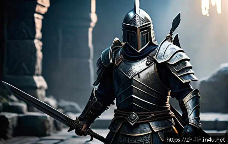 리니지 PvE 유저 추천 클래스 - A powerful and heavily armored warrior standing firmly on a rugged battlefield, wielding a massive s...