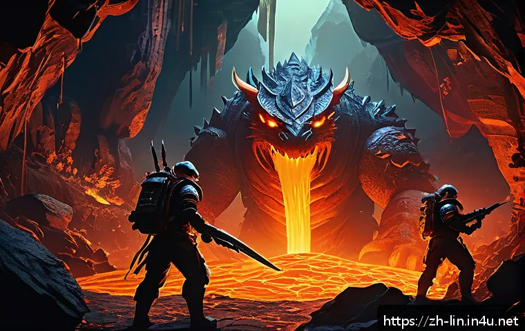 리니지 희귀템 드랍 정보 - A vivid fantasy scene depicting a mid-level player team exploring the &ldquo;Lava Caves&rdquo; map, featuring ru...
