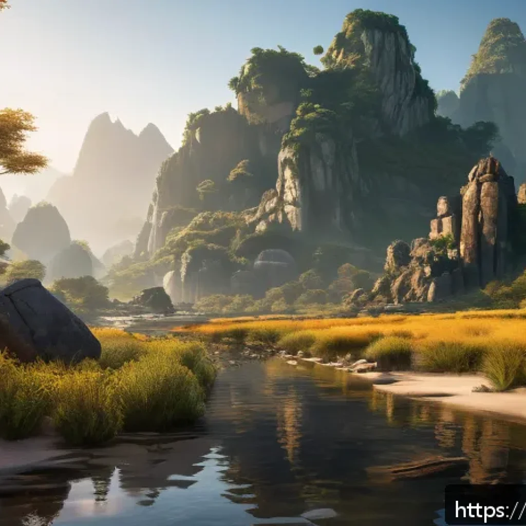 리니지 보물 상자 위치 - A detailed fantasy wilderness scene at sunset featuring a rugged borderland landscape with large roc...