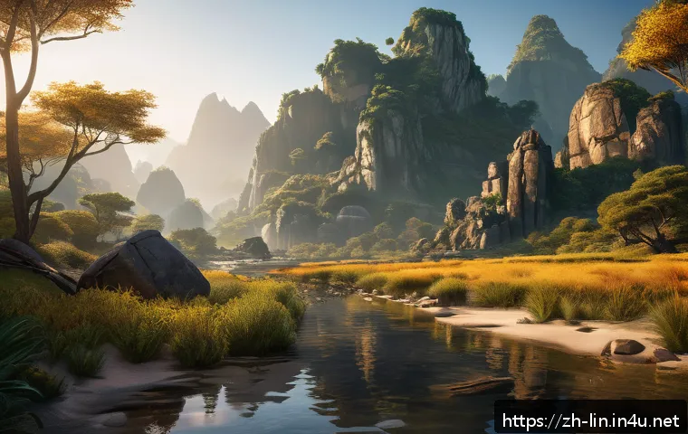 리니지 보물 상자 위치 - A detailed fantasy wilderness scene at sunset featuring a rugged borderland landscape with large roc...