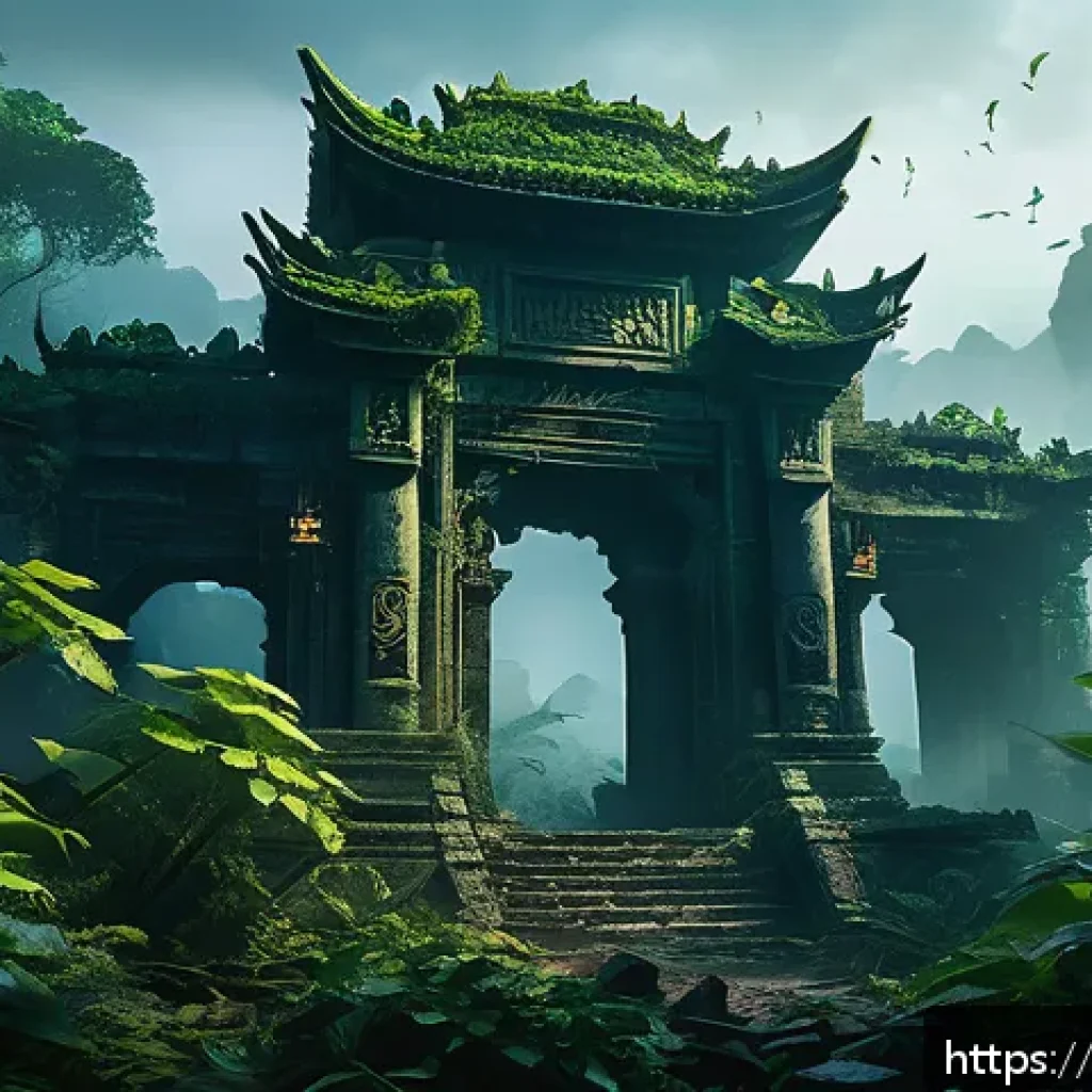리니지 전설 장비 드랍처 - A dense mystical jungle ruin scene at twilight, featuring towering ancient stone structures entwined...
